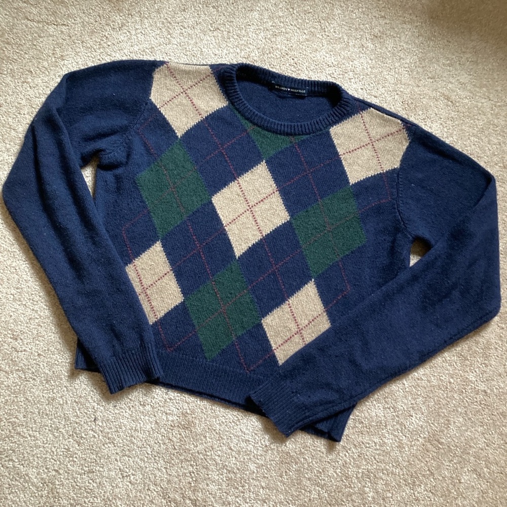Brandy Melville Navy Blue and Green Argyle Sweater